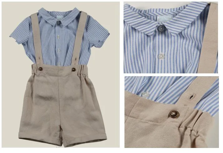 Boy Cotton Woven Blue Striped T Shirt and Linen Tan Suspender Short Suit Clothes