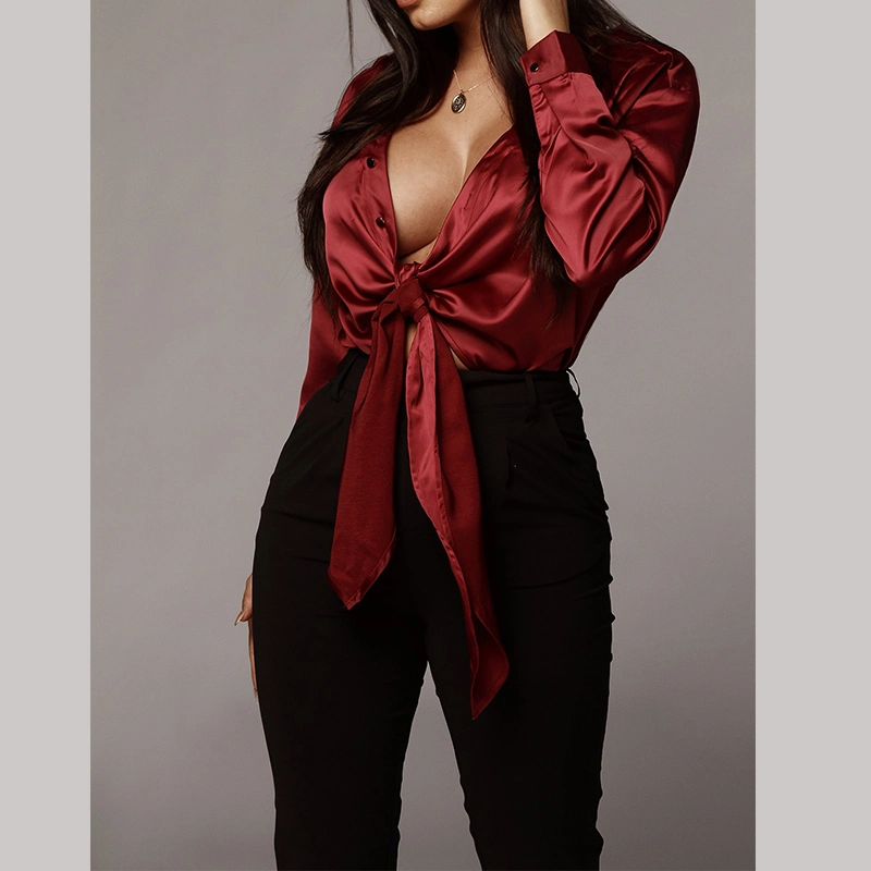 High Quality Women 100% Silk Wine Red Tie Front Top Blouses Wholesale