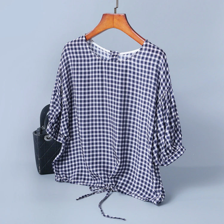 Wholesale Fashion Lace up Plaid Silk T Shirt Feminine Printed Irregular Girl Blouse